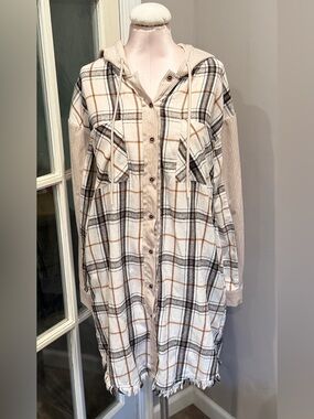 Hem & Thread Cream Plaid Hooded Button-Up Shacket
